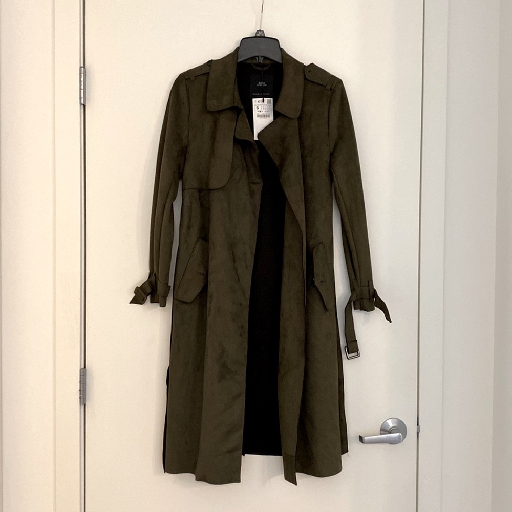 Zara suede trench. New with tags. US Small. Dark Olive Green
